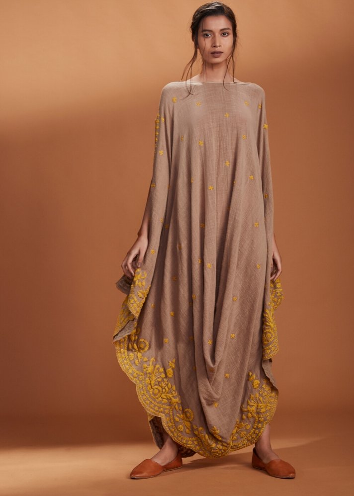 Embroidered Cowl dress Kaftan style - Brown - onlyethikal