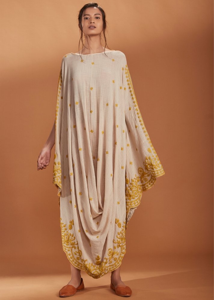 Embroidered Cowl dress Kaftan style - Ivory - onlyethikal