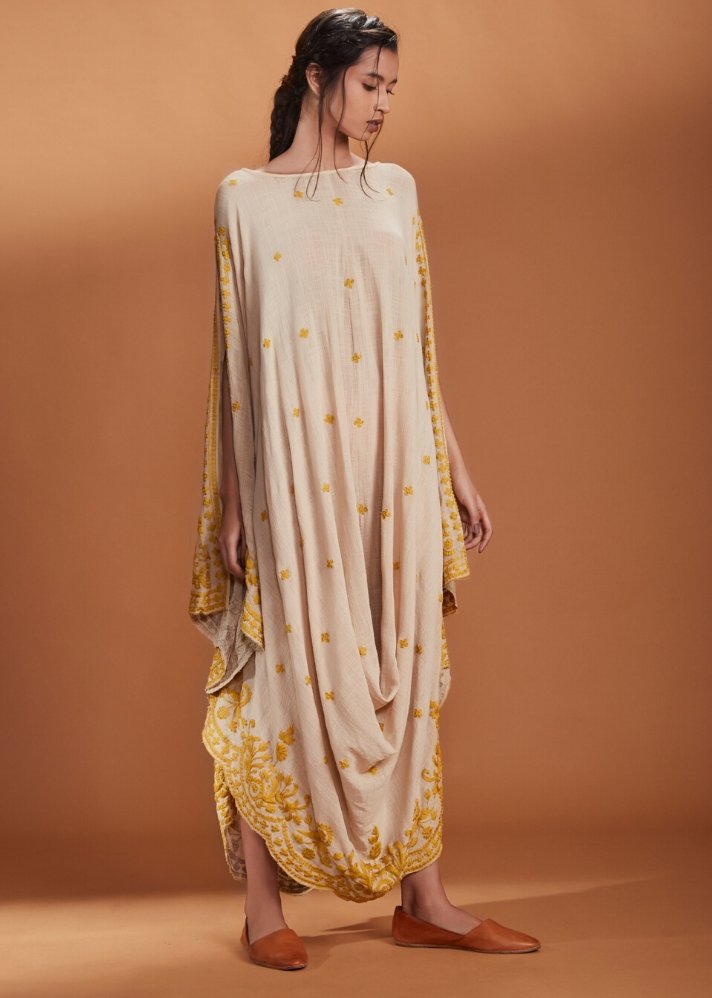 Embroidered Cowl dress Kaftan style - Ivory - onlyethikal