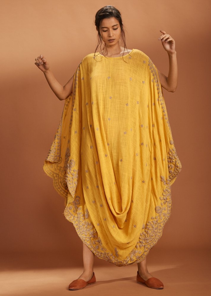 Embroidered Cowl dress Kaftan style - Yellow - onlyethikal