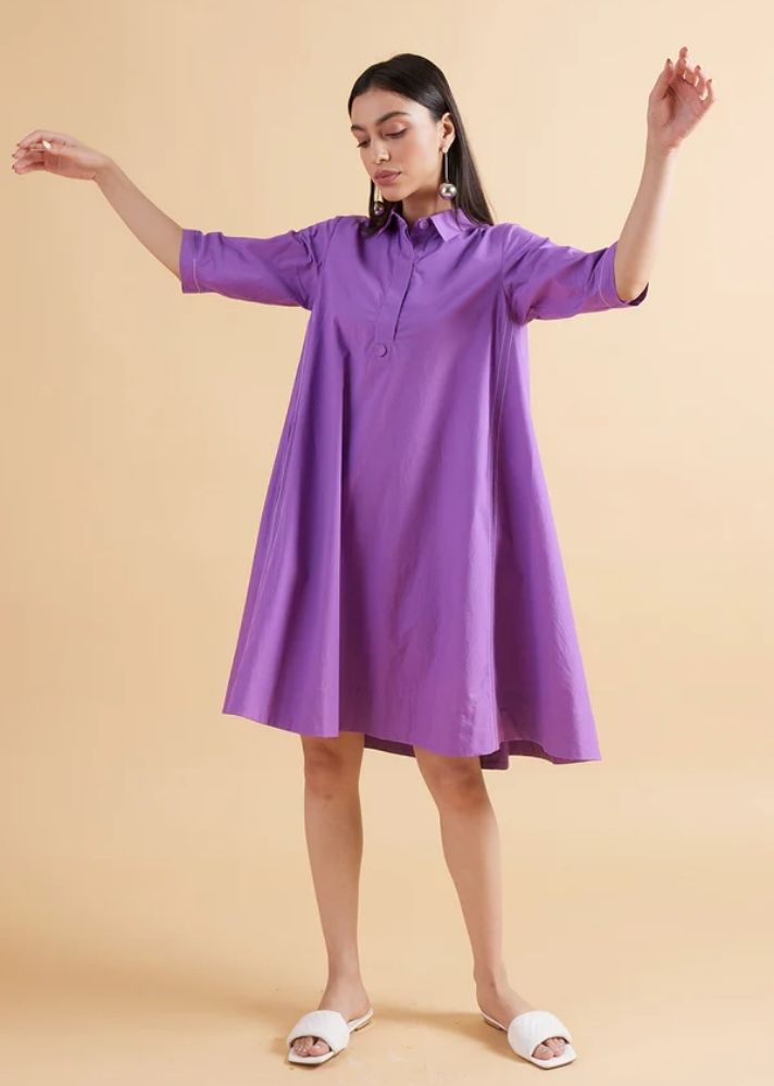 A Model Wearing Purple Pure Cotton Maisie Berry Solid Dress, curated by Only Ethikal