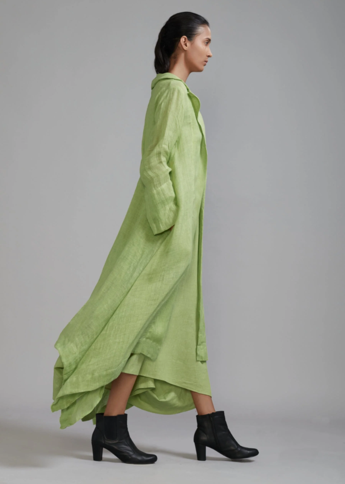 A Model Wearing Green Handloom Cotton Trench Green Koza Jacket , curated by Only Ethikal