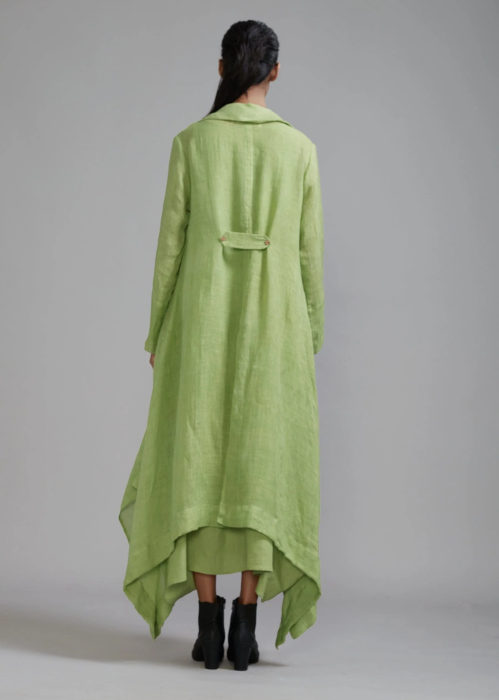 A Model Wearing Green Handloom Cotton Trench Green Koza Jacket , curated by Only Ethikal