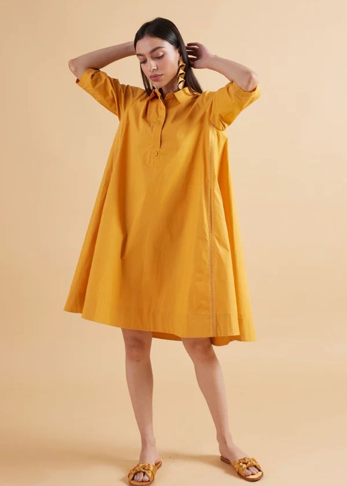 A Model Wearing Yellow Pure Cotton Maisie Amber Solid Dress, curated by Only Ethikal