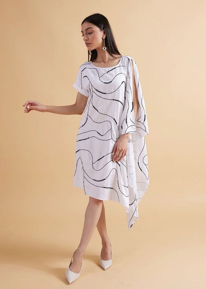 A Model Wearing White Cotton Satin Slub Cosmic Embroidered Dress, curated by Only Ethikal