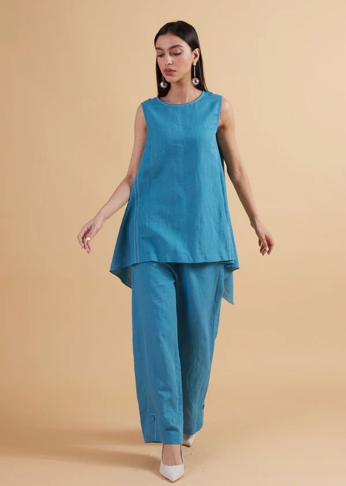 A Model Wearing Blue Linen Emma Solid Co-Ord, curated by Only Ethikal