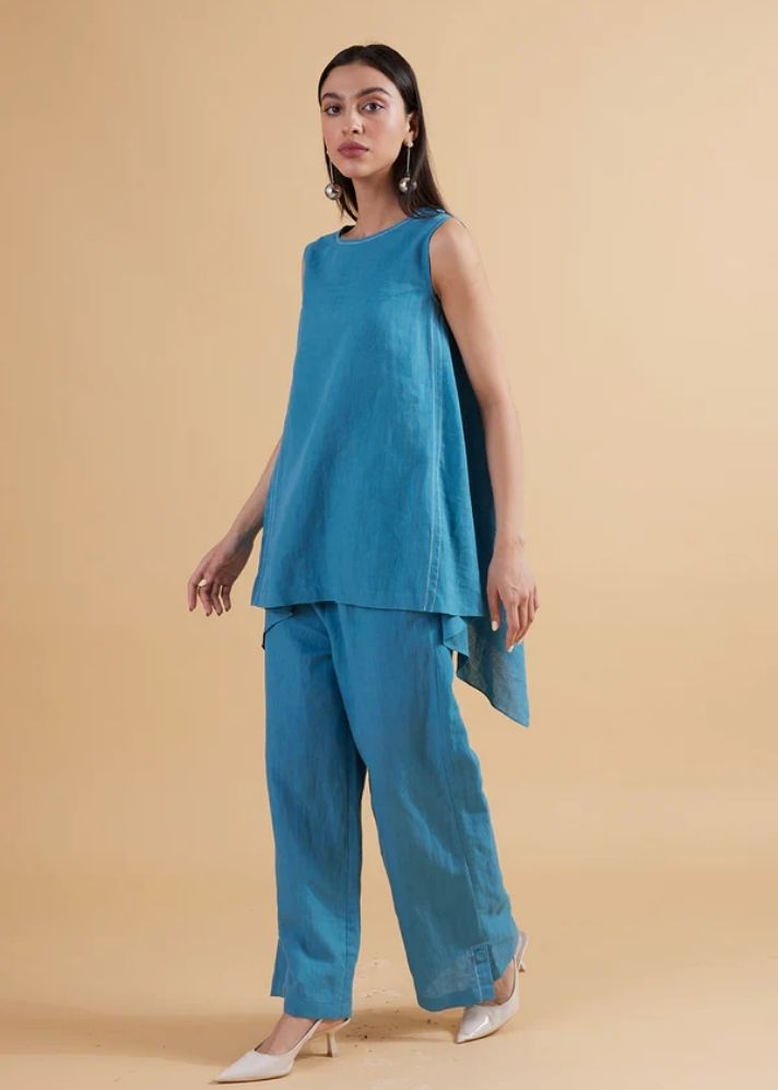 A Model Wearing Blue Linen Emma Solid Co-Ord, curated by Only Ethikal