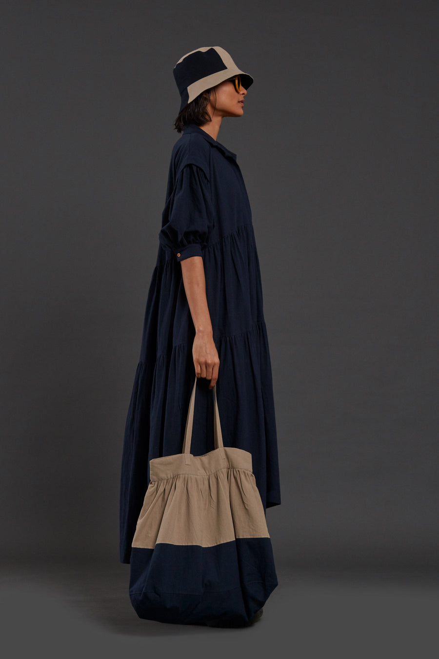 فستان بطبقات بياقة قميص - كحلي