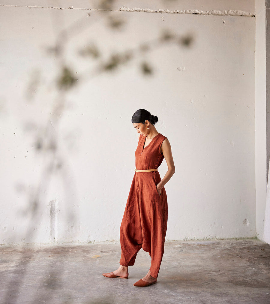 A Model Wearing Red Linen Morning Glory, curated by Only Ethikal