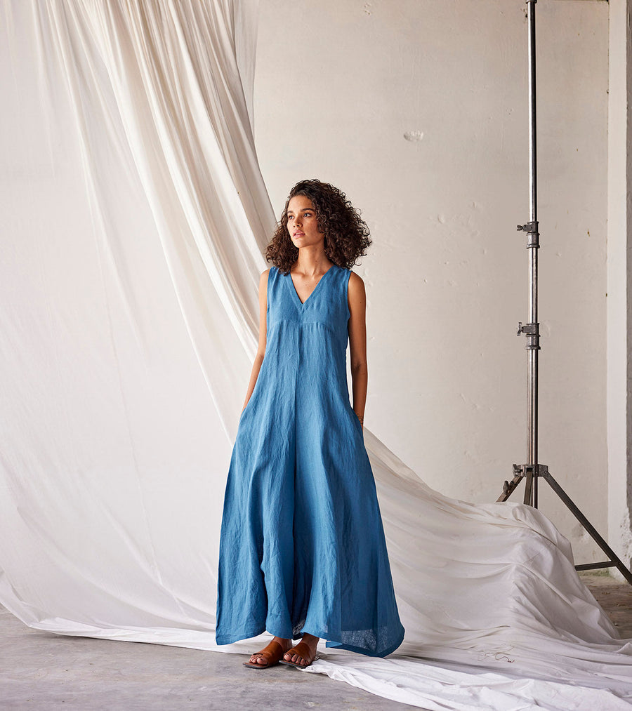 A Model Wearing Blue Linen Tambola Nights, curated by Only Ethikal