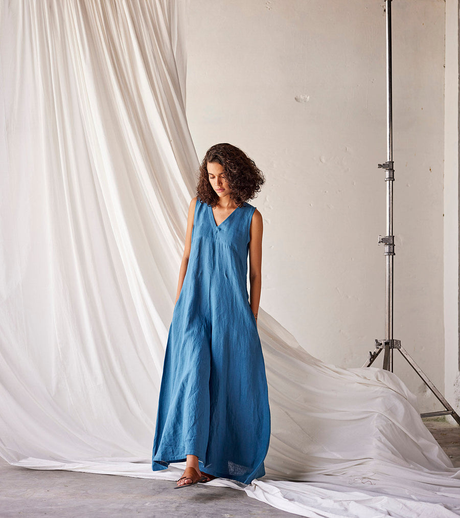 A Model Wearing Blue Linen Tambola Nights, curated by Only Ethikal