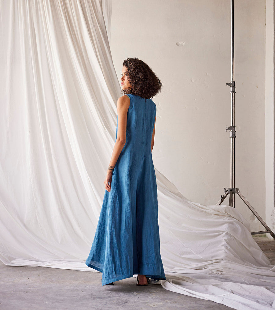 A Model Wearing Blue Linen Tambola Nights, curated by Only Ethikal