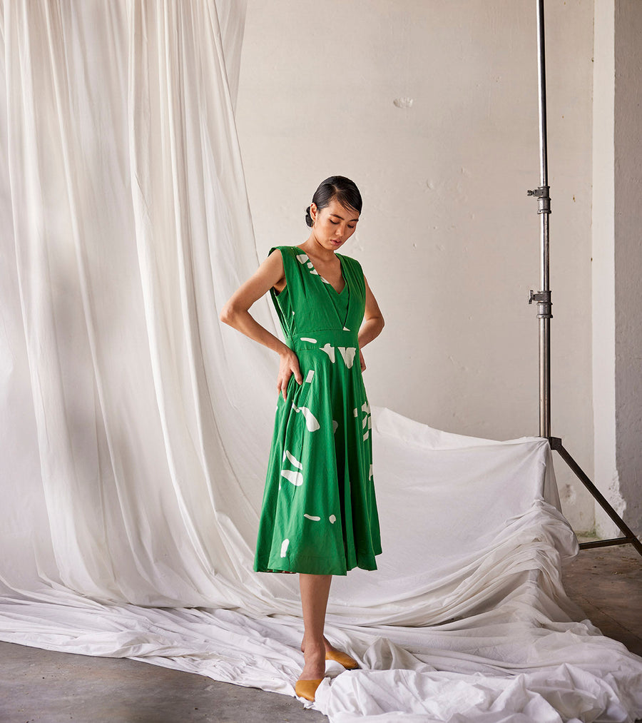 A Model Wearing Green Pure Cotton Chirping Birds, curated by Only Ethikal