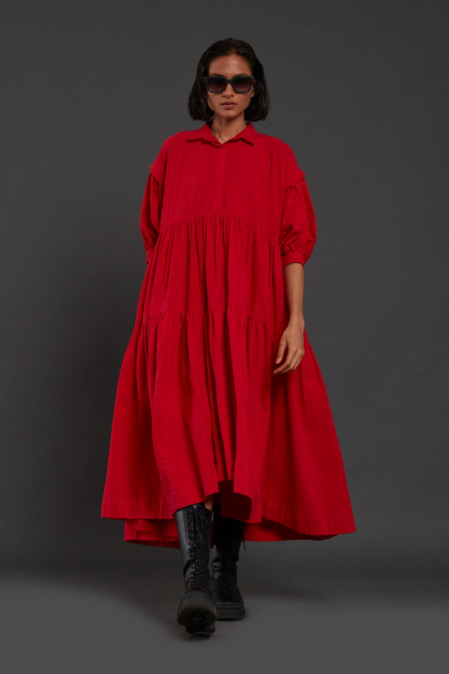 فستان بطبقات بياقة قميص - أحمر